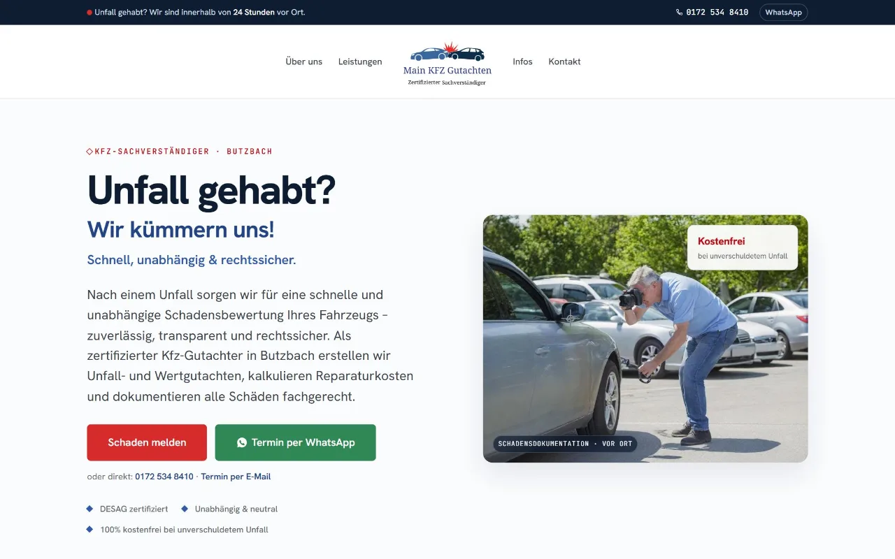 Startseite von Main KFZ Gutachten mit Online-Schadenmeldung
