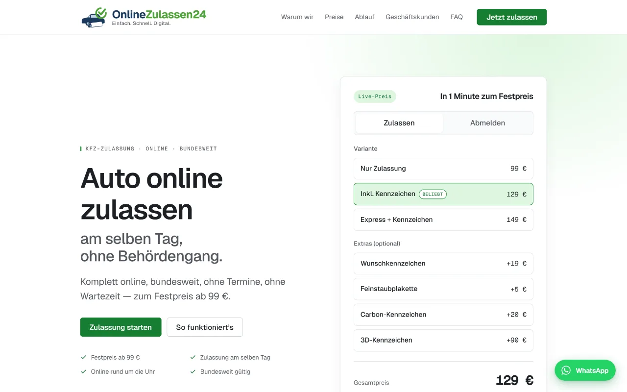 Startseite von OnlineZulassen24 mit geführtem Bestellprozess