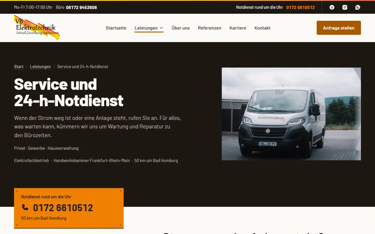 Notdienst-Seite von VB Elektrotechnik mit Telefonnummer
